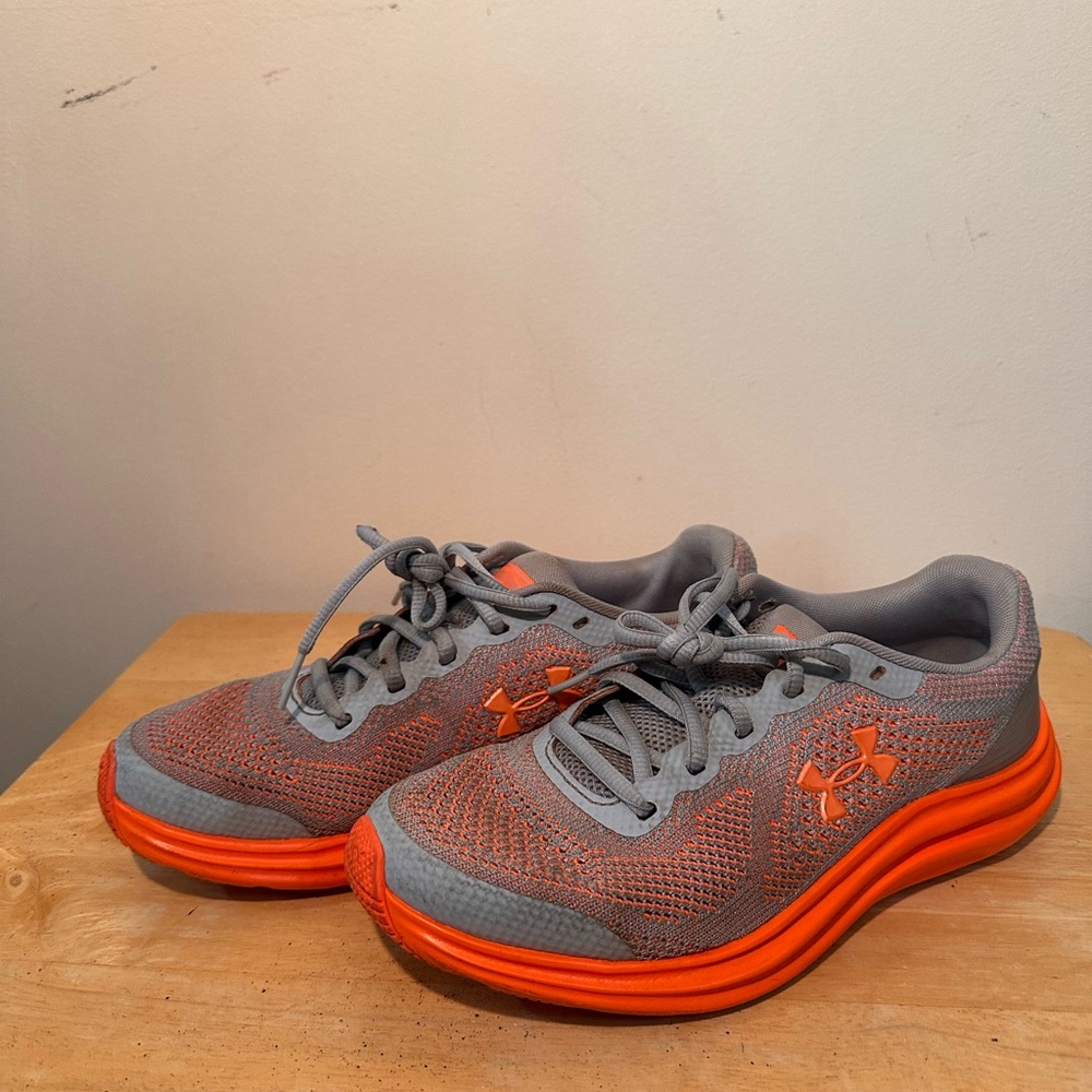 Under Armour Kid’s Gray and Orange Running Shoes - Picture 2 of 6